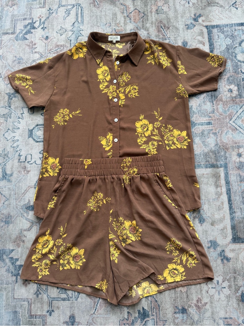Brown Floral Button-Up Top & Matching Shorts Set